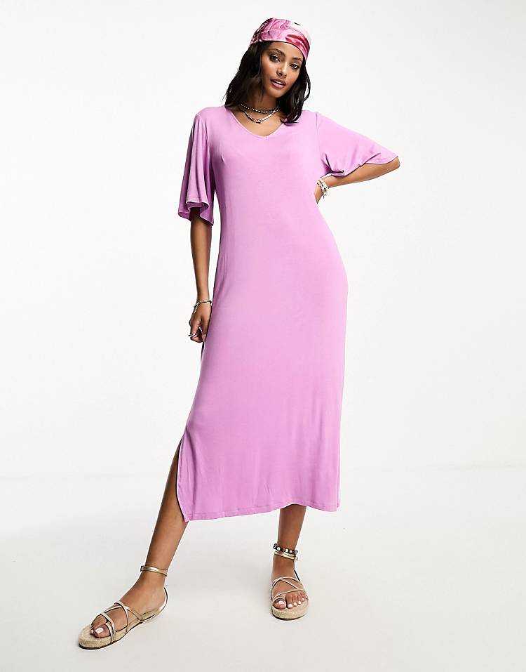 Pieces v neck maxi t-shirt dress in pink